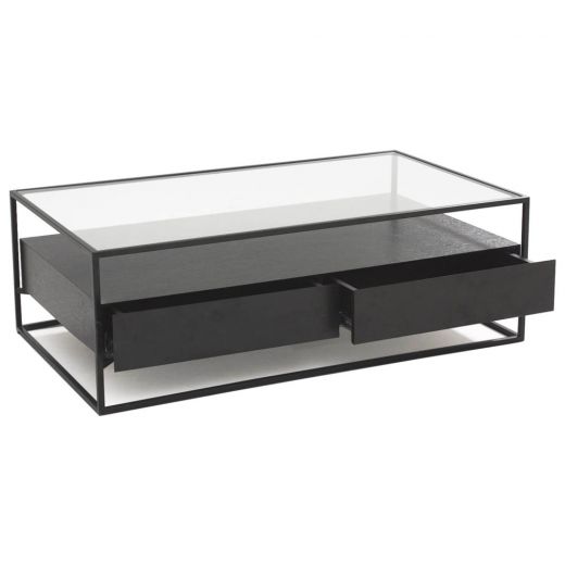 Coffee table metal wood veneer glass 120 x 70 cm Baily - Black