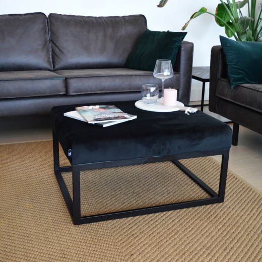 Pouf Hocker footstool side table velvet and leather look 75 cm Otto - Velvet Black