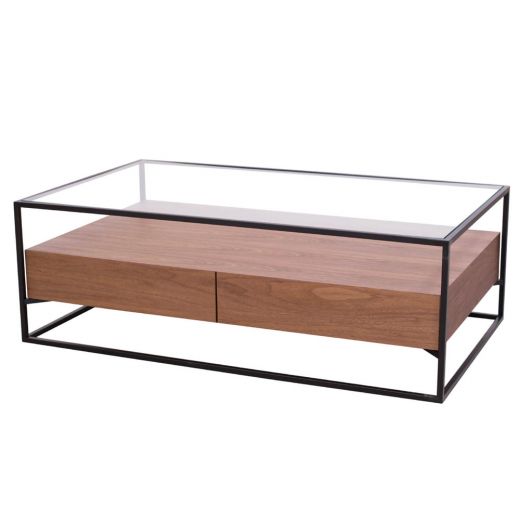 Coffee table metal wood veneer glass 120 x 70 cm Baily - Walnut