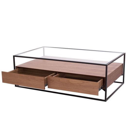 Coffee table metal wood veneer glass 120 x 70 cm Baily - Walnut