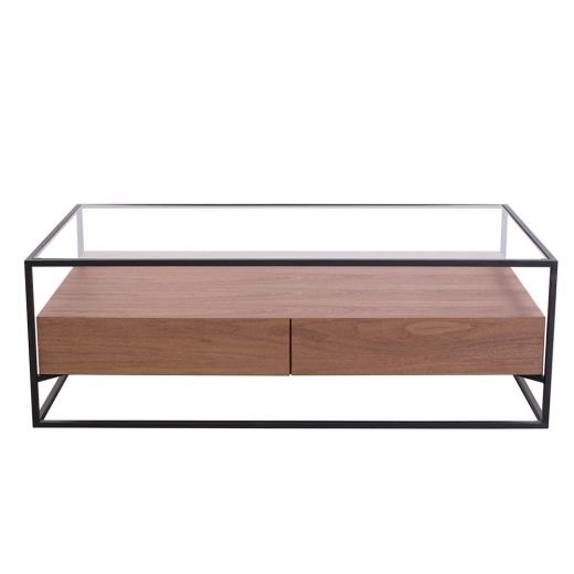 Coffee table metal wood veneer glass 120 x 70 cm Baily - Walnut