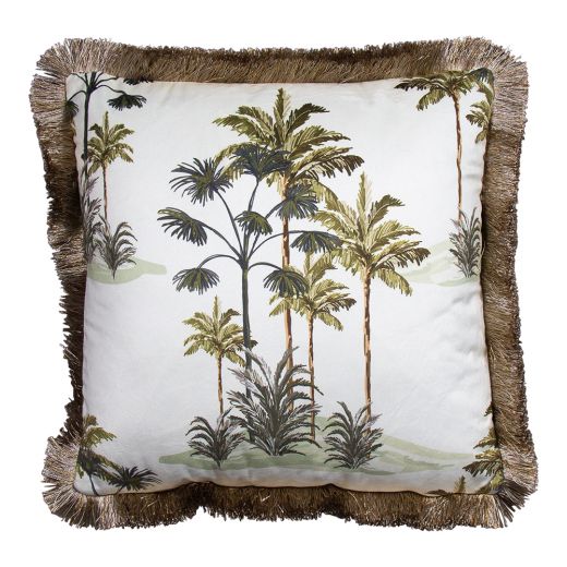 cushion velvet golden fringes palm tree white 45x45cm*