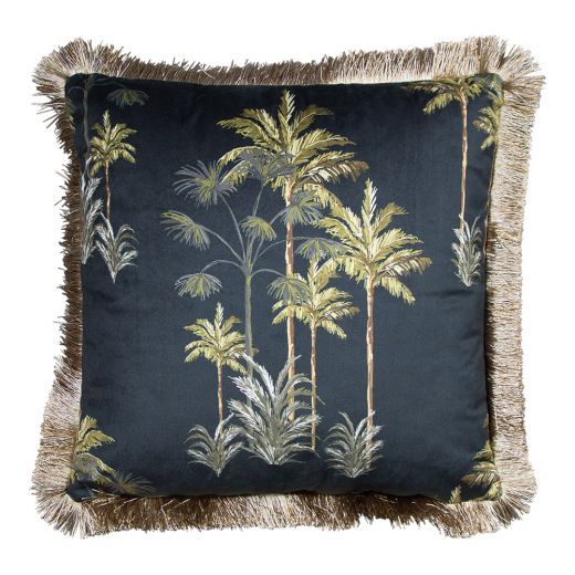 kussen fluweel gouden franjes palmboom zwart 45x45cm