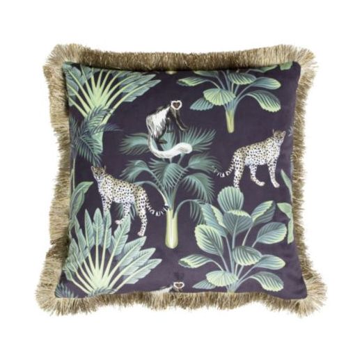 kussen fluweel jungle panter zwart gouden franjes 45x45cm*