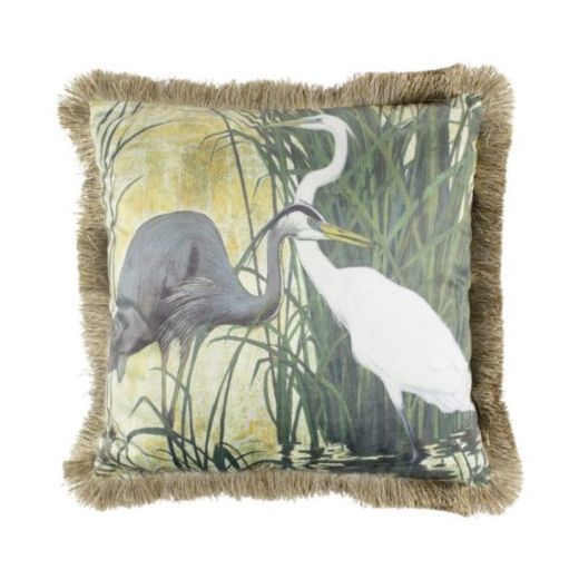 kussen fluweel blauwe reiger gouden franjes 45x45cm*