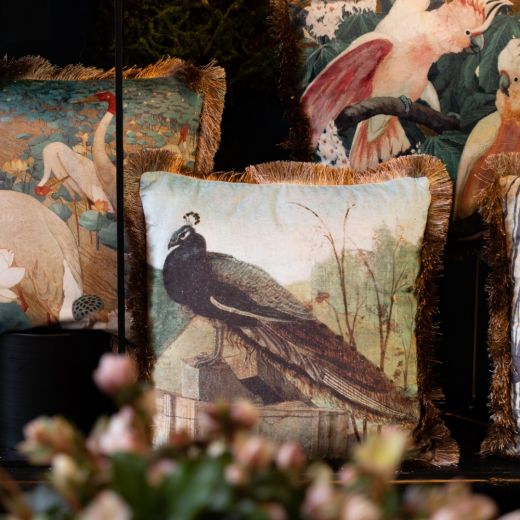 kussen fluweel pauw gouden franjes 45x45cm*