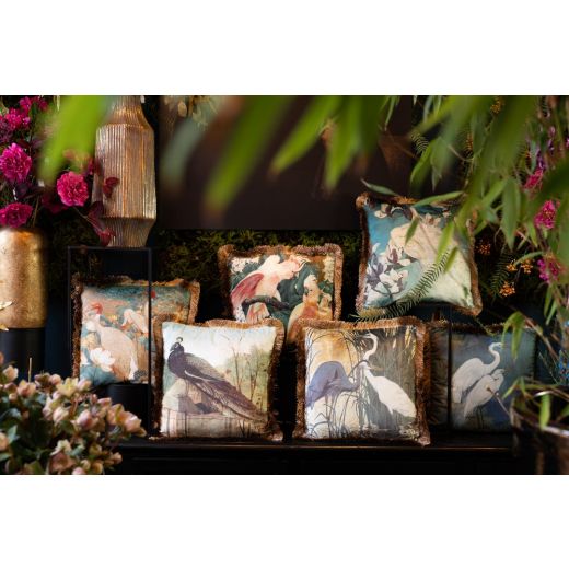 kussen fluweel zilverreigers gouden franjes 45x45cm*