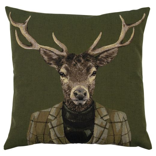 gobelin coussin vert cerf col roulé 45x45cm