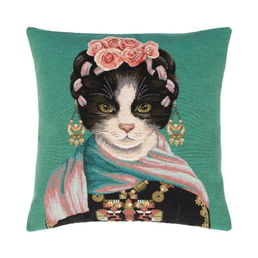 gobelin coussin chat avec des roses 45x45cm