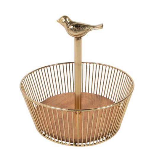 Draadmand met vogel goud h25 d25cm