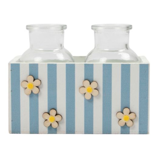 Panier décoratif en bois avec vases bleu h7 d14x7cm