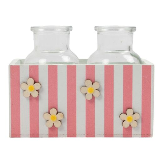 Panier décoratif en bois avec vases rose h7 d14x7cm