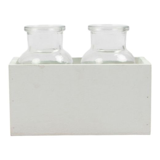 Panier décoratif en bois avec vases rose h7 d14x7cm