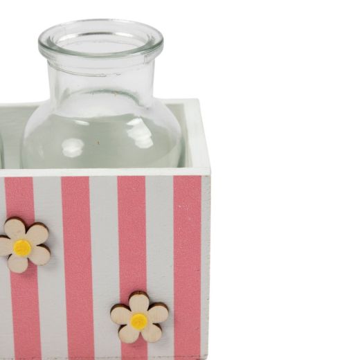 Panier décoratif en bois avec vases rose h7 d14x7cm
