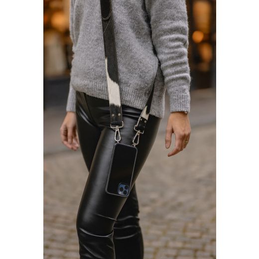 Phone Cord cow leather adjustable black white (bos taurus taurus) 120cm