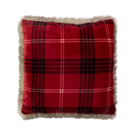 Cushion faux fur check red 50x50cm