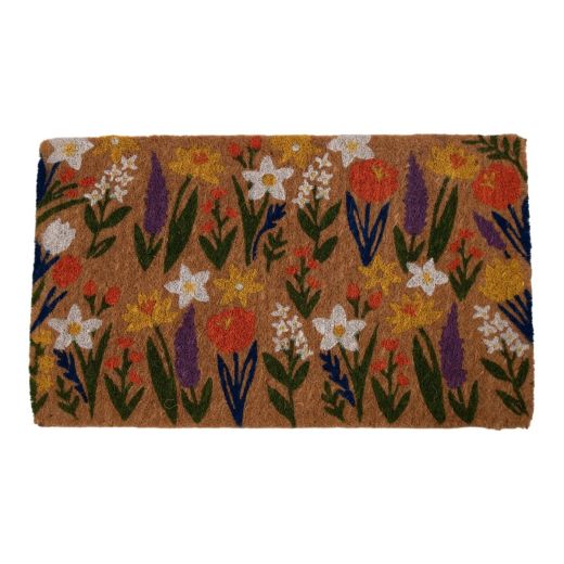 Paillasson en fibre de coco fait main fleurs sauvages colorées 75 cm