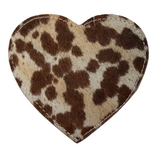 onderzetter koehuid hart bruin/wit 14cm