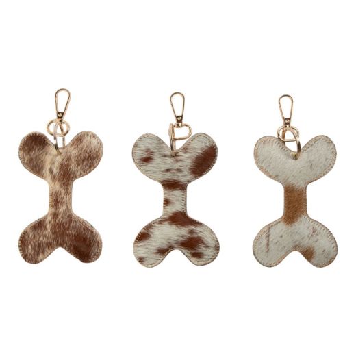 Porte-clés en cuir de vachette os de chien marron/blanc 10 cm (bos taurus taurus)