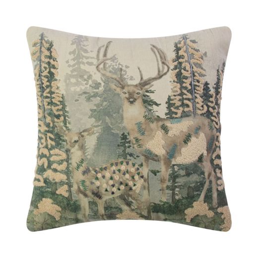 Cushion Embroidered deer in forest 45x45cm