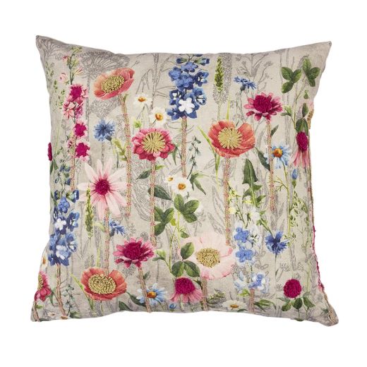 cushion embroidered wild flowers poppy 45x45cm