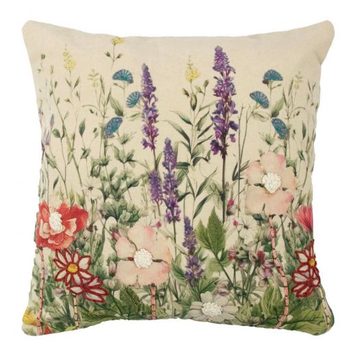 Cushion embroidered wild flowers purple larkspur 45x45cm
