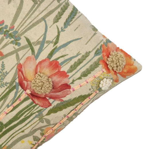cushion embroidered wild flowers pink poppy 45x45cm