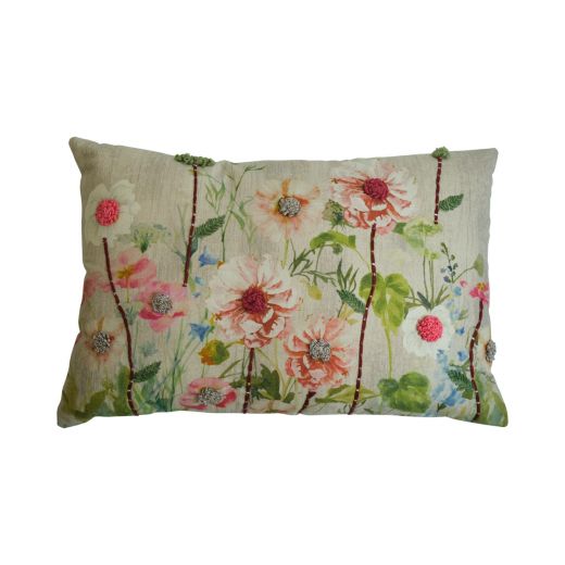 coussin brodé fleurs sauvages rose blanc 40x60cm