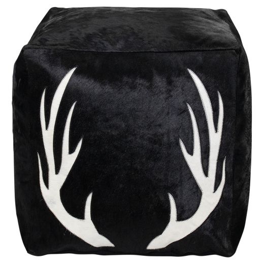 hocker kuh quadrat geweih schwarz 45x45x45cm