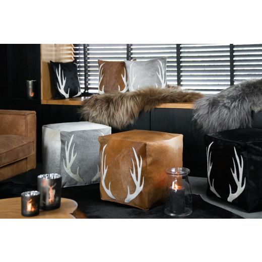 hocker kuh quadrat geweih schwarz 45x45x45cm