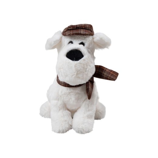 Peluche terrier blanc avec casquette & châle 20cm