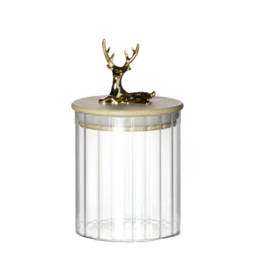 Canister Jar Glass Wooden lid Deer h10,5 d9