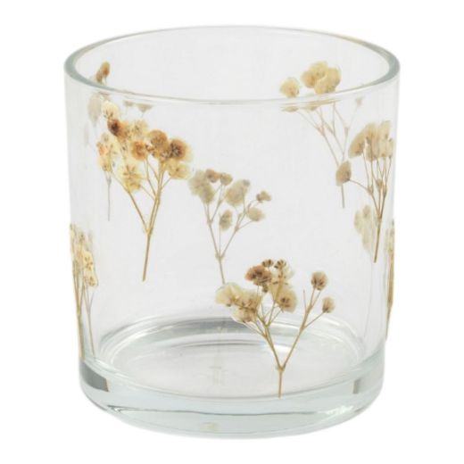 Porte-bougie chauffe-plat décoré de fleurs séchées collées à la main, blanc cassé, 12 x 12 x 12 cm