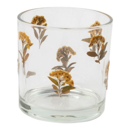 Porte-bougie chauffe-plat décoré de fleurs séchées collées à la main, jaune, 12 x 12 x 12 cm