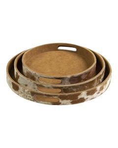 dienbladen koehuid rond bruin/wit (set of 3)