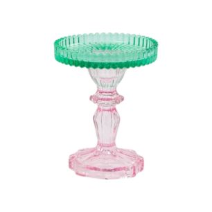 Kandelaar glas 2-kleur roze groen h12,5 d10 cm