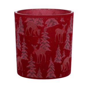 Tealight holder velvet deer+tree d10xh12.5 red
