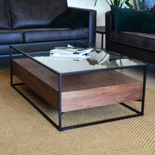 Coffee table metal wood veneer glass 120 x 70 cm Baily - Walnut