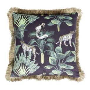 kussen fluweel jungle panter zwart gouden franjes 45x45cm*