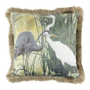 kussen fluweel blauwe reiger gouden franjes 45x45cm*