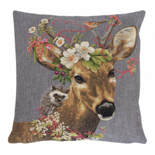 gobelin coussin fleurs chevreuil petit cerf 45x45cm