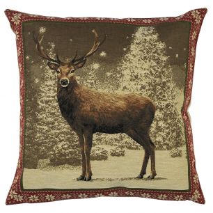 gobelin coussin cerf bordure rouge 45x45cm