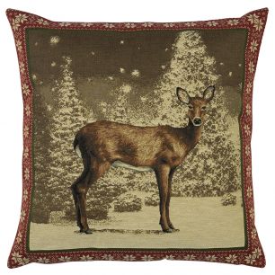 gobelin coussin chevreuil bordure rouge 45x45cm