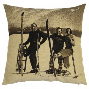 gobelin kissen sepia ski 3 skifahrer 45x45cm