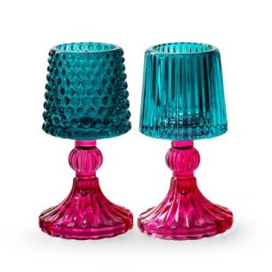 Theelichthouder op voet 2 ass. 'lulu' petrol blauw fuchsia h15 d8,5 cm