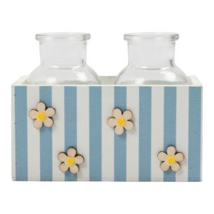 Panier décoratif en bois avec vases bleu h7 d14x7cm