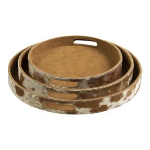 dienbladen koehuid rond bruin/wit (set of 3)