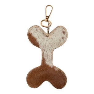 Porte-clés en cuir de vachette os de chien marron/blanc 12 cm (bos taurus taurus)