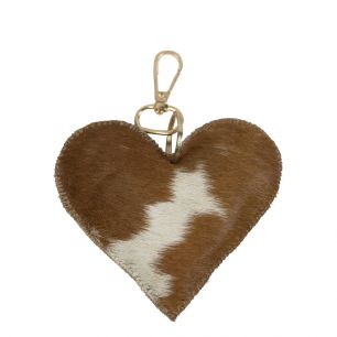 sleutelhanger koehuid hart bruin/wit medium 11cm goud