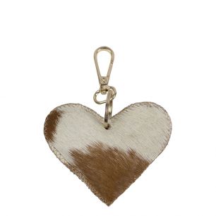 sleutelhanger koehuid hart bruin/wit small 9cm goud